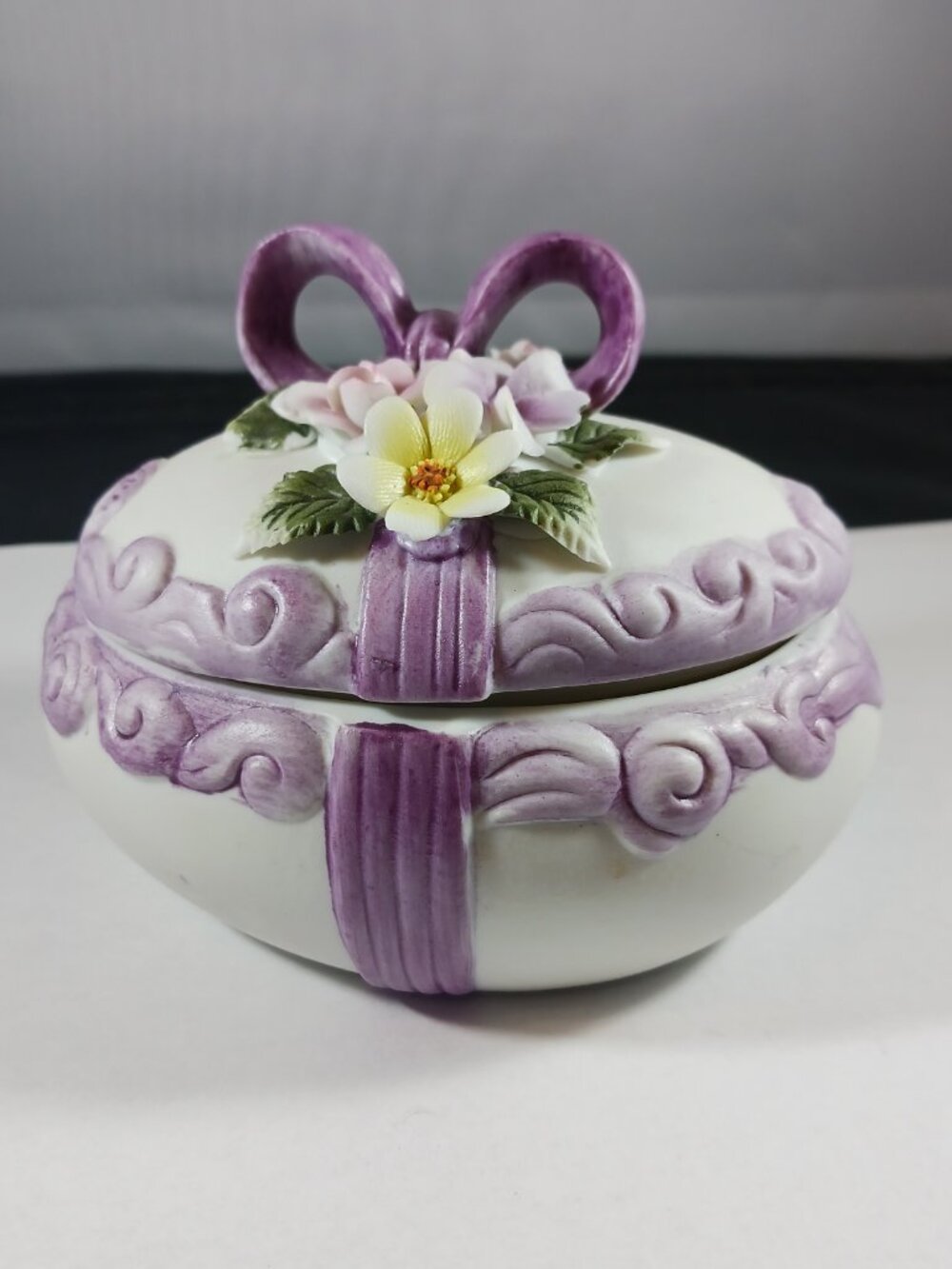 Lefton China Egg Hand Painted Porcelain Egg Bow Flower Trinket Box